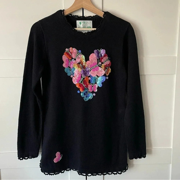 Quacker Factory XS Black Heart Tunic Sweater Ramie And Cotton Beaded Butterflys - Picture 1 of 15